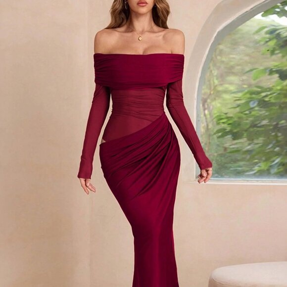 Off-Shoulder Long Sleeve Ruched Bodycon Maxi Dress | New Solid Evening Dress - Picture 1 of 9